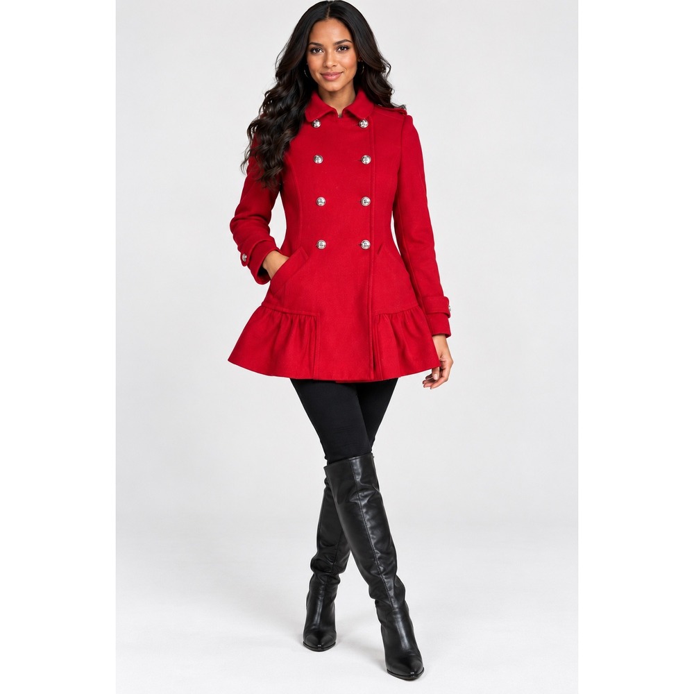 Juicy Couture Red Wool Blend Coat Womens XS Double Breasted Ruffle Hem